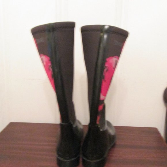 Cougar Tall Black Red Floral Rain Boots 7 Pretty! - Picture 5 of 12